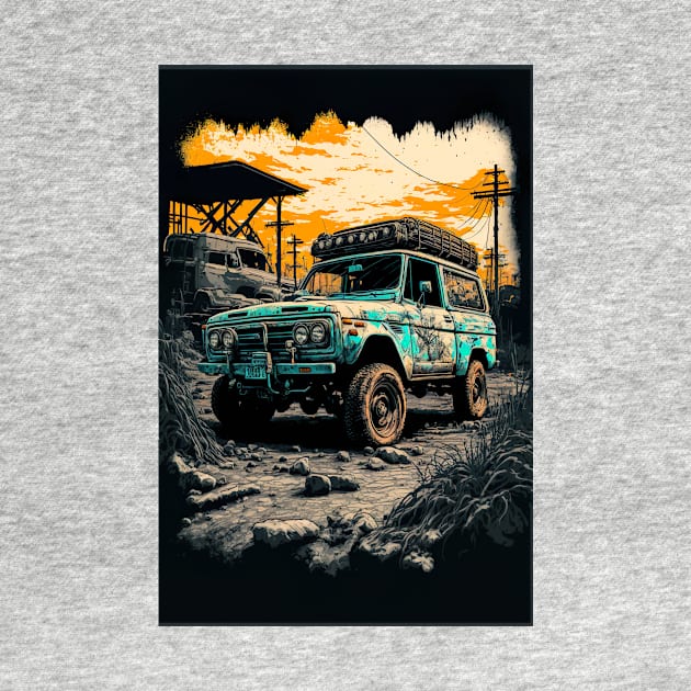 Teal Safari pick up truck in the ruined world by KoolArtDistrict